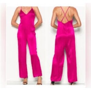 Victoria's Secret Hot Pink Satin Criss-Cross Open Back Jumpsuit, Small, Sexy